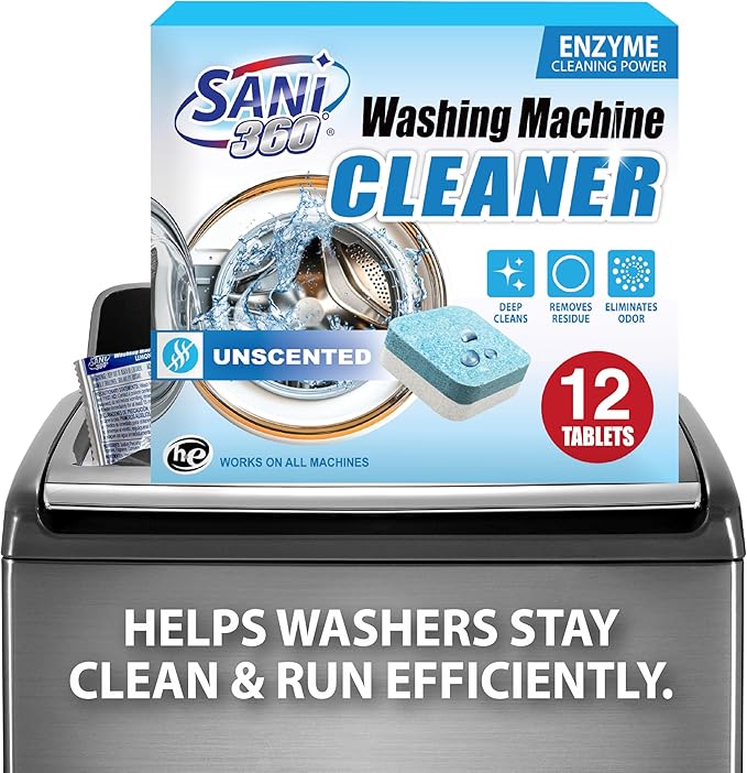 SANI 360° Washing Machine Cleaning tablets, 12 pack is Formulated with Enzyme, Deep Cleans and Deodorizes Front and Top Loading Washers use up to 1-year supply Unscented