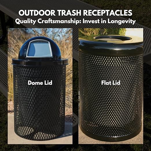 COATEDOUTDOORFURNITURE RFT-P-BRW Heavy Duty Round Trash Receptacle with Flat Top, Liner Included, 32 Gallon, Brown, Made in America