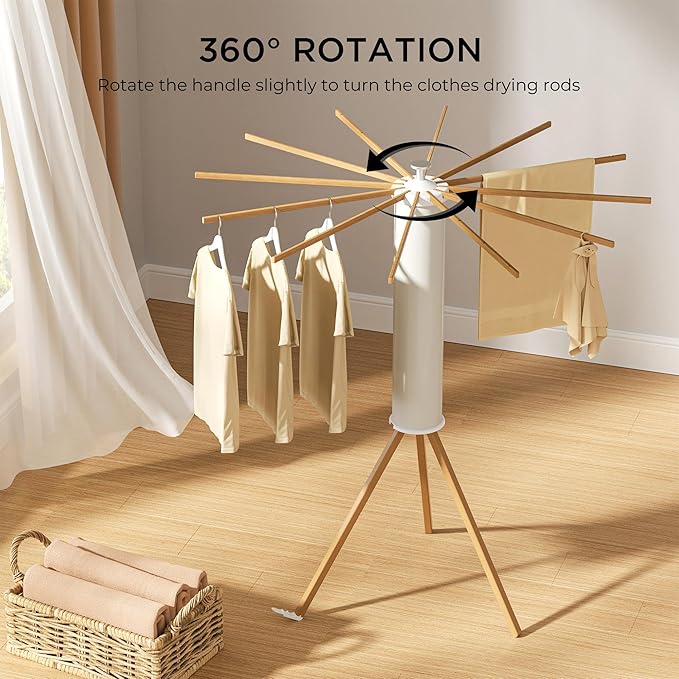 Tripod Clothes Drying Rack, Garment Rack Portable and Foldable Space Saving Laundry Drying Rack - Dryer Rack Clothing Floor Folding Balcony Bedroom Household (Beige(Wood), 12 rods)