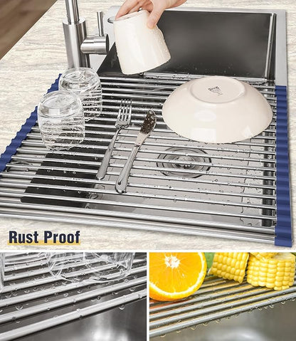 Tomorotec 17.7" x 15.5" Roll Up Dish Drying Rack Over Sink Drying Rack Sink Cover Kitchen Sink Accessories Gadget Multipurpose Organizer Foldable Stainless Steel Drainer