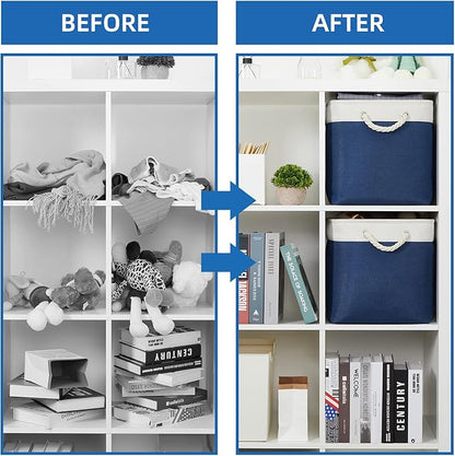 Temary Storage Baskets for Shelves, 2 Pcs Fabric Storage Bins Empty Gift Baskets for Organizing Clothes, Books, Decorative Basket with Rope Handles (White&Blue,16Lx12Wx12H Inches)