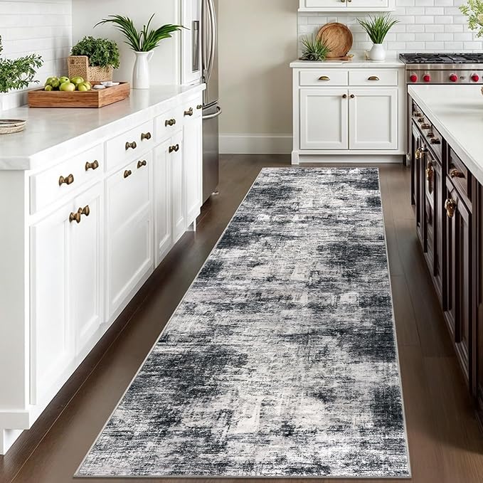 IOHOUZE Abstract Runner Rug 3x10 Ft Washable Runners for Hallways, Non Slip Kitchen Runner Printed Faux Wool Entryway Runner Indoor, Modern Abstract Floor Carpet for Hall Kitchen Bedroom, Black Grey