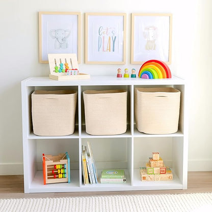 NaturalCozy Storage Cubes 11 Inch Cotton Rope Woven Baskets for Organizing, 3-Pack | Cube Storage Bin | Square Storage Baskets for Shelves Organizer, Classroom, Kids Toy Bins, Closet, Baby Nursery