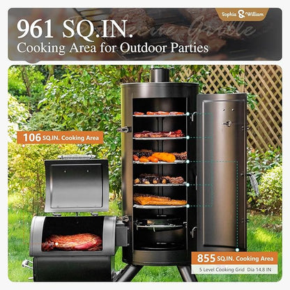 Sophia & William Heavy-Duty Vertical Offset Charcoal Smoker Extra Large Outdoor BBQ Gill with Offset Smoker, 961 SQ.IN. Cooking Area with Warming Tray,Push-out Ash Tray for Event Gathering, Black