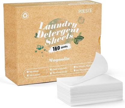 Poesie Laundry Detergent Sheets Magnolia Scent 160 Sheets 80 Large Loads Liquidless Effective Cleaning Zero Waste for All Washing Machine Traveling Dorm Life Save Space
