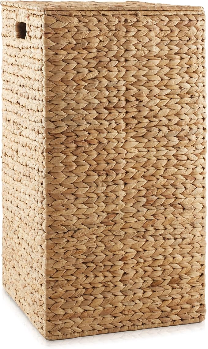 Casafield Laundry Hamper with Lid and Removable Liner Bag - Natural, Woven Water Hyacinth Square Laundry Basket Sorter for Clothes and Towels