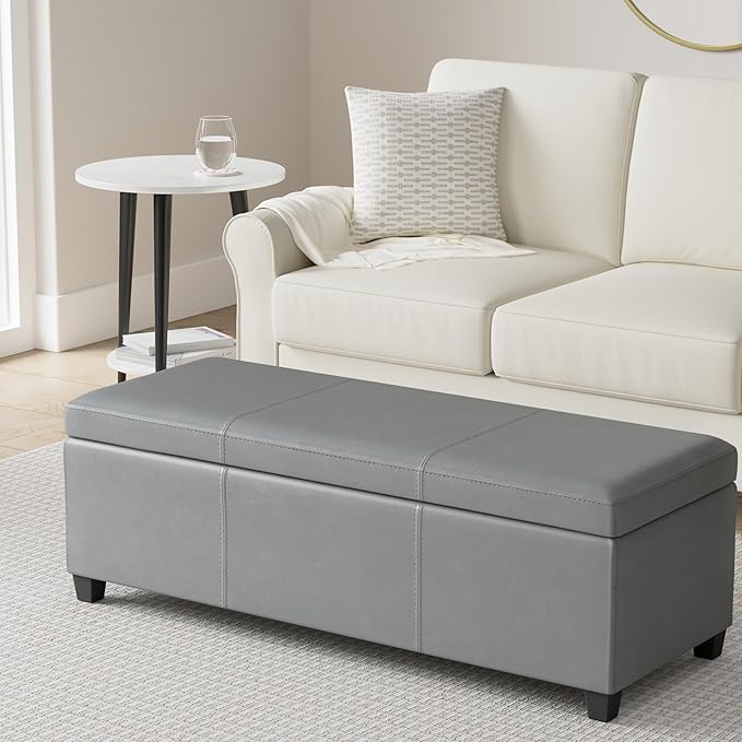 SIMPLIHOME Avalon 48 inch Wide Contemporary Rectangle Storage Ottoman Bench in Stone Grey Vegan Faux Leather, Assembled, For the Living Room, Entryway and Family Room