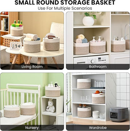 Small Storage Baskets for Organizing, Organizer Baskets for Shelves, Small Woven Basket for Storage, Cute Brr Basket for Gifts Empty, 9.7"×9.7"×7" (3 Packs) Off White & Brown