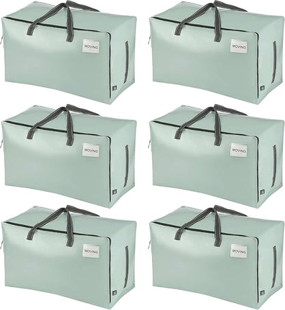 VENO 6 Pack Moving and Storage Bags, Heavy Duty, Alternative to Moving Boxes, Large Packing Totes Supplies for College Dorm Room with Zipper for Clothes, Wide Open Design (Shiny Light Green, 6 Pack)