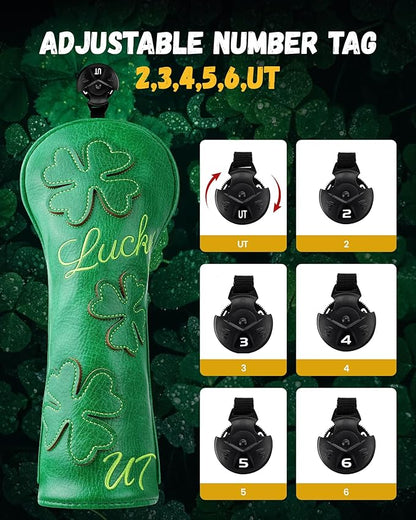 Golf Headcovers Golf Club Head Covers Four Leaf Clover Good Luck Charm - Clover Style Premium Leather Driver Fairway(FW) Wood Hybrid(UT) with Number Tags