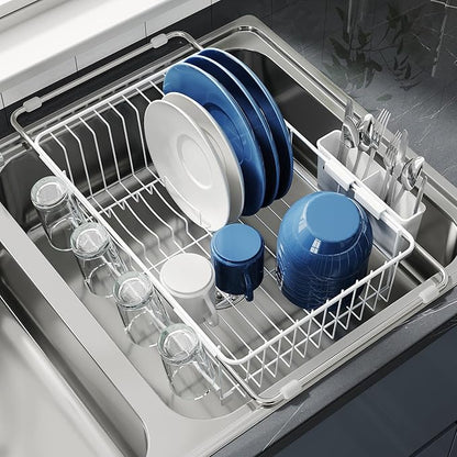 JASIWAY Dish Drying Rack in Sink, Small Dish Drainers for Inside Sink, Over The Sink Dish Racks, Stainless Steel Drying Rack with Utensil Holder, White