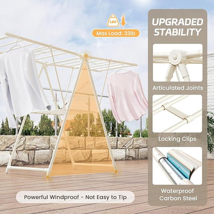 GameGem Clothes Drying Rack, Drying Rack Clothing, Foldable Laundry Drying Rack with 3 Heights-Adjustable, Sturdy Carbon Steel & Anti Slip Feet, Indoor Outdoor Use, Cream White