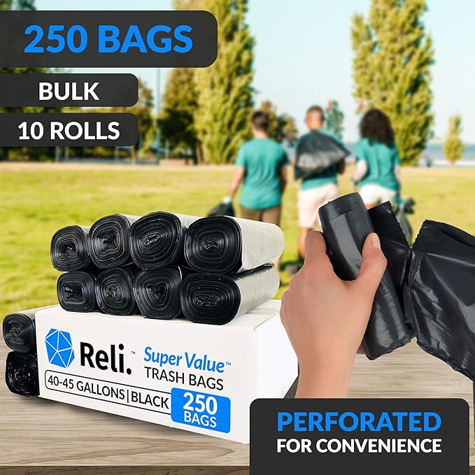 Reli. 40 to 45 Gallon Trash Bags Heavy Duty | 250 Trash Bags | Super Sizeable, Black, Garbage for Serious Cleanup