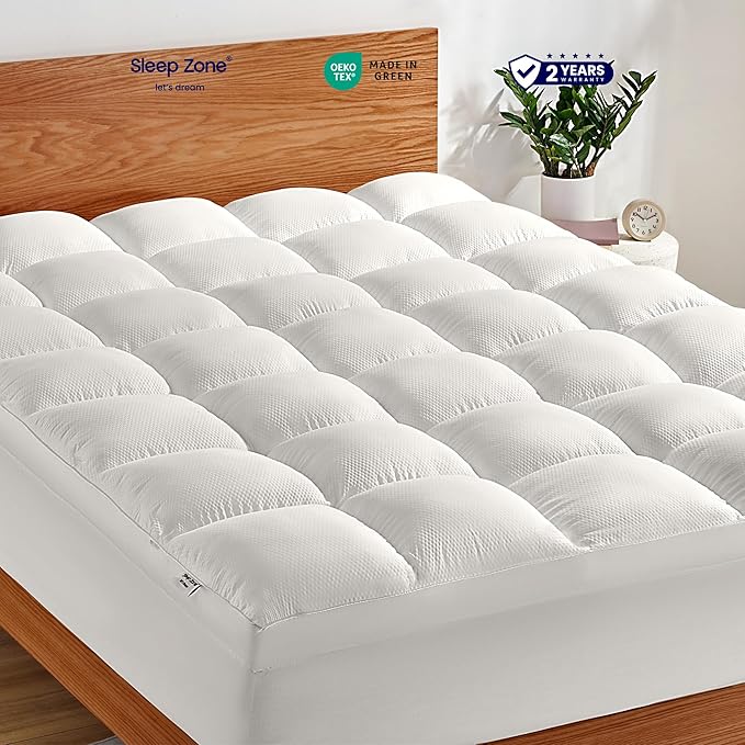SLEEP ZONE Queen Mattress Protector, Deep Pocket Mattress Pad Cover, Thick Fitted Mattress Topper for Back Pain, Hotel Quality (White, Queen)
