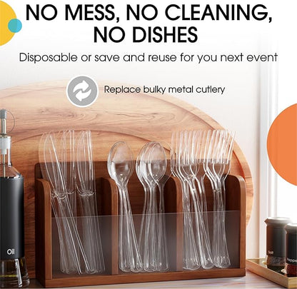 Party Solids Clear Plastic Silverware Heavy Duty 300 Pieces Clear Plastic Cutlery Sets, Utensil Sets, 100 Of Each Forks, Knives & Spoons Disposable Cutlery Set, Flatware Set For Party Supplies