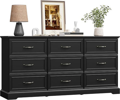 9 Drawer Dresser for Bedroom, 63" Wide Wooden Chest of Drawers, Rustic Farmhouse Dresser with Large Drawers & Metal Handles, Modern Storage Organizer for Closet, Living Room, Hallway, Black