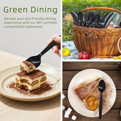 100% Compostable Spoons, 300 Disposable Spoons, Black Non Plastic Spoons, BPA-Free Heavy Duty Disposable Utensils, Ecofriendly Compostable Cutlery for Party Wedding Picnic