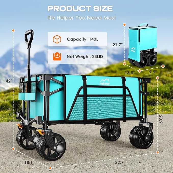 Collapsible Wagon Cart Heavy Duty Foldable, Folding Beach Wagon with Big Wheels for Sand, Utility Grocery Cart with Side Pocket and Brakes for Sports Outdoor Activities, Light Blue