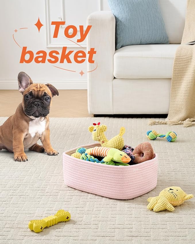 Small Woven Basket, 13.5 x 9.5 x 5 Inches, Storage Basket for Organizing, Cute Small Rope Shelf Closet Cube Storage Bins Baskets for Shelves, Dog Toy Gift Baskets Empty, 3 Pack Light Pink