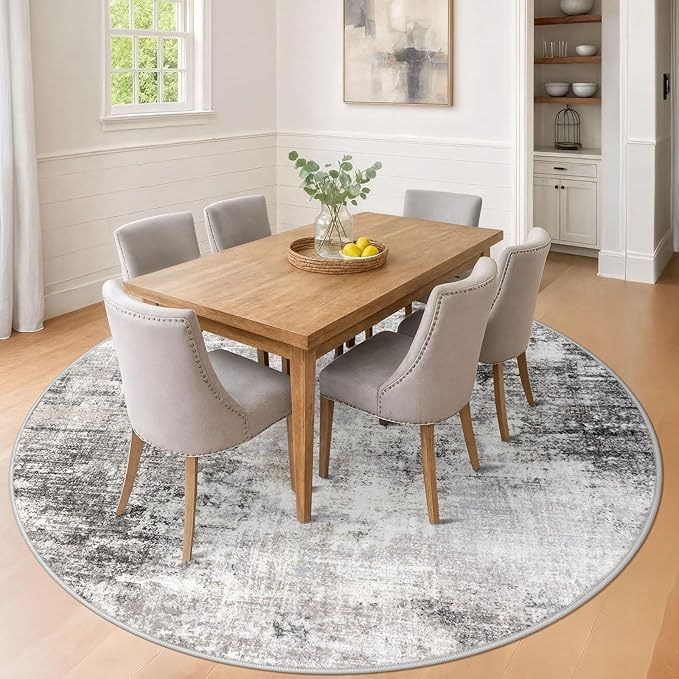 IOHOUZE Abstract Round Area Rug 8 Ft Washable Circle Rugs Large Round Rug Non Slip Thin Soft Circle Rugs, Printed Faux Wool Floor Carpet for Bedroom Living Room Dining Room Nursery, Grey Beige