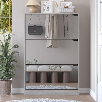 Shoe Cabinet with 3-Flip Mirror Drawers, Freestanding Shoe Rack Organizer with Hidden Handle, Slim Narrow Shoe Storage Cabinet for Entryway, Entrance, Hallway, Bedroom