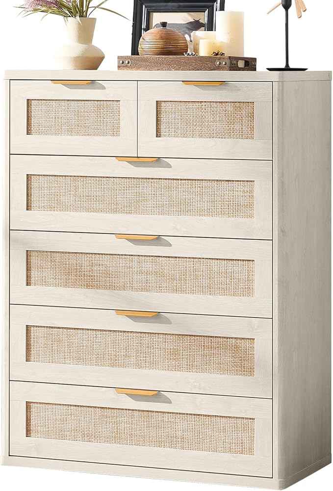 LEYAOYAO White Dresser for Bedroom, 42" Tall Chest of Drawers, Modern 6 Drawers Boho Rattan Dressers with Storage, Dresser Wooden Closet Organizer for Living Room, Hallway