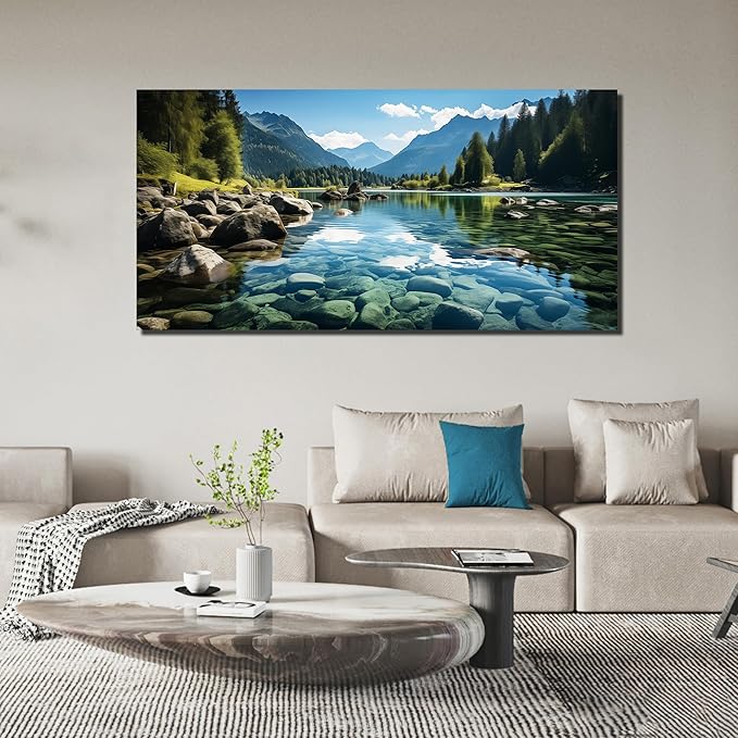 GUGIKA Landscape Wall Art for Living Room, Mountain and Lake Wall-Decor for Bedroom, Natural Scenery Canvas Prints Pictures for Hallway Office, Size 59 x 29 Inches