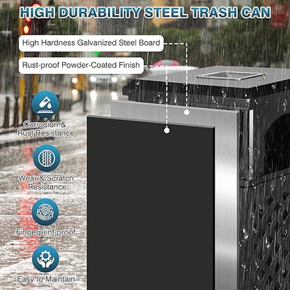 IRONWALLS Indoor/Outdoor Trash Can with Lid, Heavy Duty Steel Garbage Can with Removable Bin, Locking Lid, 16”x16”x35.4” Dual Sided-Open Commercial Trash Can Large for Patio, Backyard, Office, Black
