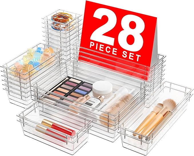 A-LuGei Drawer Organizer, Bathroom Organizers and Storage, Makeup organizer, Desk drawer organizer, Storage Bins for Kitchen Office Bedroom Vanity Jewelry Pantry Garage, 4Size, Clear