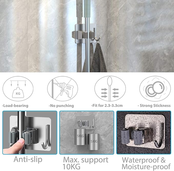 Mop Broom Holder No Drill, Mop Broom Organizer Wall Mounted Heavy Duty with Hooks Hanger, Self Adhesive Stainless Steel 6Pcs for Bathroom, Kitchen, Office (Silver)