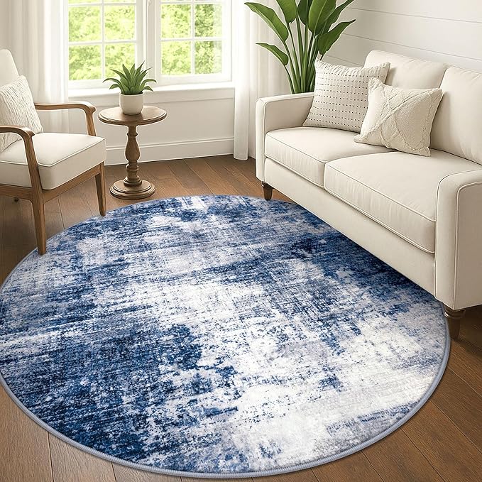IOHOUZE Abstract Round Area Rug 6 Ft Washable Circle Rugs Large Round Rug Non Slip Thin Soft Circle Rugs, Printed Faux Wool Floor Carpet for Bedroom Living Room Dining Room Nursery, Navy/Grey