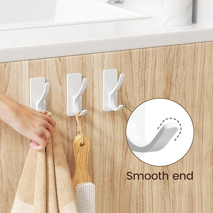 White Self Adhesive Coat Hooks for Hanging, Heavy Duty Stainless Double Wall Hook for Towel, Backpack, Hat, Sturdy Metal Hanger for Bathroom, Bedroom, Door, Wall Mounted, 4-Pack