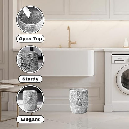 Escenzy Modern Bathroom Trash Can Silver Mosaic Glass 5L | 7" x 10" | Luxury Waste Basket for Restroom, Bedroom, Office & Kitchen | Decorative Small Garbage Can | Silver Glitter Bathroom Accessories