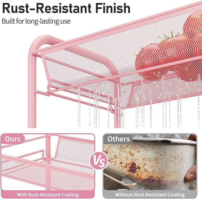 TOOLF 4 Tier Rolling Utility Cart - Durable Metal Design Pink Utility Cart, Storage Trolley on Wheels with 3 Hooks, Perfect for Kitchen, Bathroom & Laundry Room Organization
