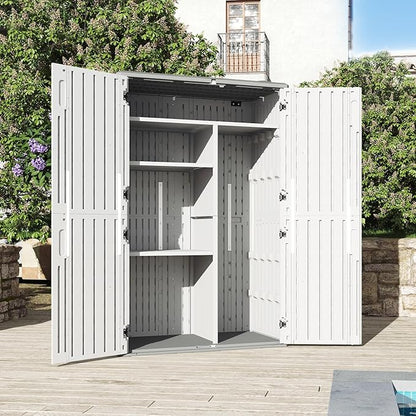 Aoxun 64 Cu.Ft Outdoor Storage Shed with Shelving Kit and Floor, Waterproof Horizontal Resin Cabinet for Trash Cans, Lawn Mowers, Generators, and Garden Tools