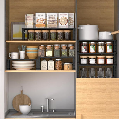Expandable,Adjustable & Stackable Spice Rack, Cabinet Kitchen Countertop Shelf Organizer,Metal Pantry Storage Shelves - Space-Saving Storage Solution(1Pack/Black/Medium)