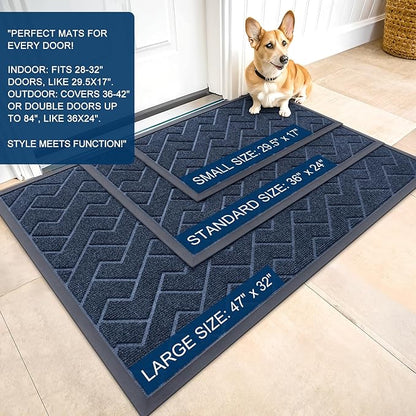 OLANLY Front Door Mat Indoor Outdoor Entrance, Waterproof All-Season, All-Weather Doormat, Sturdy Natural Rubber, Low Profile, Easy Clean Patio Porch Entryway Mat, Herringbone Brick (Blue, 36x24)