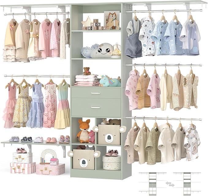 Closet System - 4.75-8FT Closet Organizer System with Wooden Drawers & Cube Storage Organizer, Up To 96" Closet Systems for Nursery & Walk-In Closets with Cuttable Hanging Shelving, Crab Green