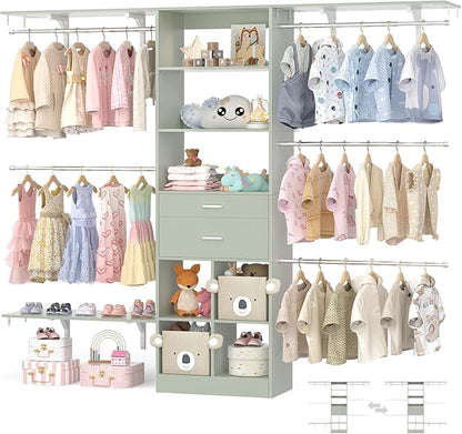 Closet System - 4.75-8FT Closet Organizer System with Wooden Drawers & Cube Storage Organizer, Up To 96" Closet Systems for Nursery & Walk-In Closets with Cuttable Hanging Shelving, Crab Green