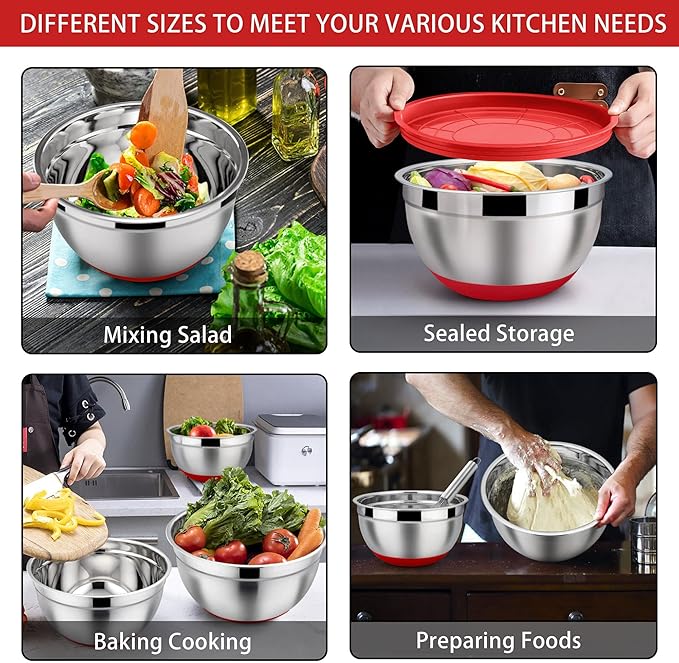 LIANYU Mixing Bowls Set of 6 with Airtight Lids, Size 7, 3.5, 2.5, 2, 1.5, 1QT Large Metal Stainless Steel Nesting Bowls for Cooking, Baking, Food Storage, Non-slip Bottom, Red