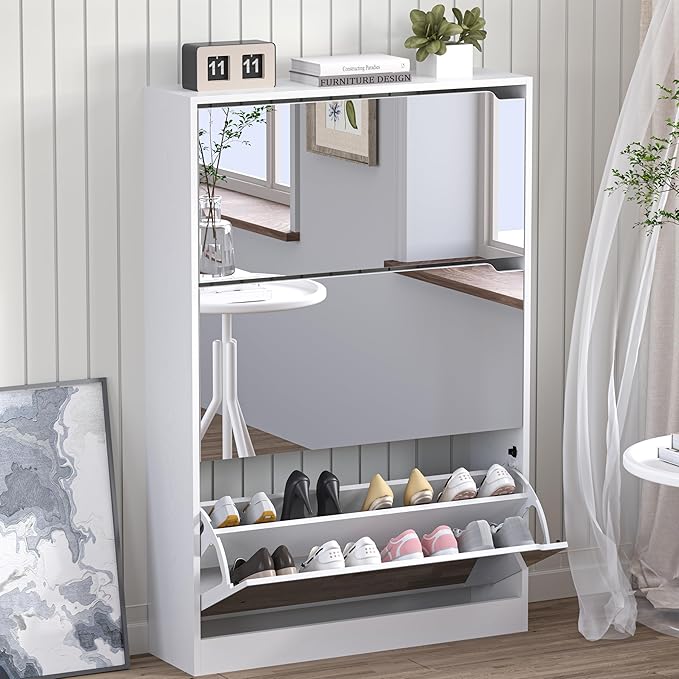 Shoe Cabinet with 3-Flip Mirror Drawers, Freestanding Shoe Rack Organizer with Hidden Handle, Slim Narrow Shoe Storage Cabinet for Entryway, Entrance, Hallway, Bedroom