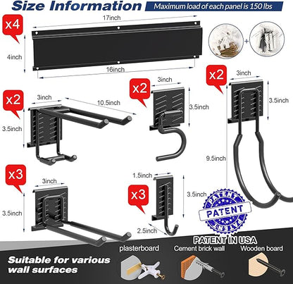 Garage Tool Storage Rack, Heavy Duty Garage Storage Organizer Rack System Wall Mounted Tool with 12 double hooks, 4 rails Garden Tool Rack