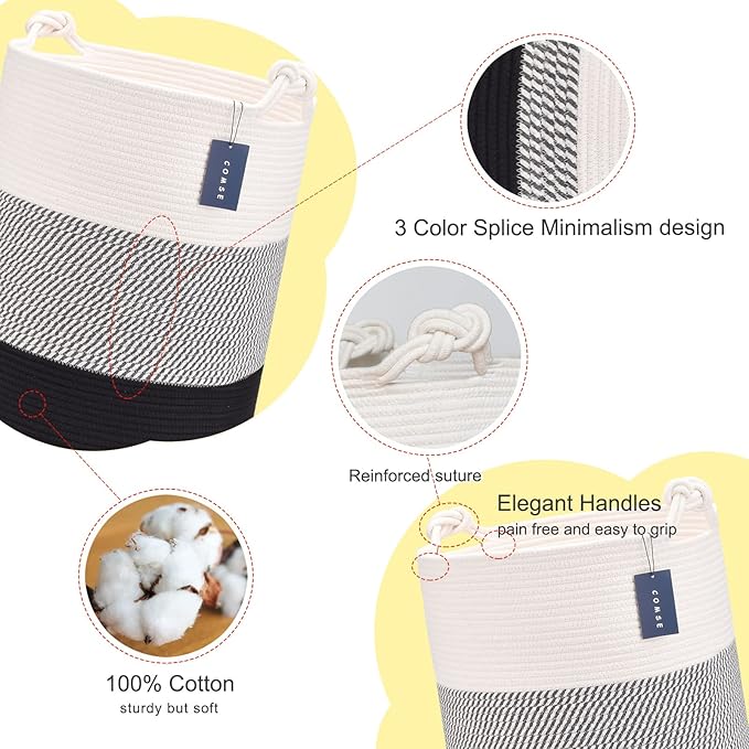 COMSE Extra Large Blanket Basket, Tall Woven Storage Basket, Nursery Hamper, 15.7”x 21.7”, Cotton Rope Laundry Hamper for Toys Clothes Towels, White/Gray/Black