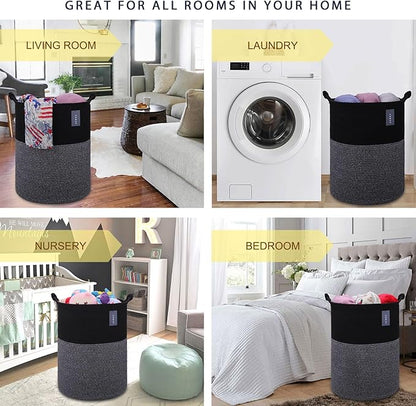 COMSE Extra Large Blanket Basket, Tall Woven Storage Basket, Nursery Hamper, 15.7”x 21.7”, Cotton Rope Laundry Hamper for Toys Clothes Towels, Black