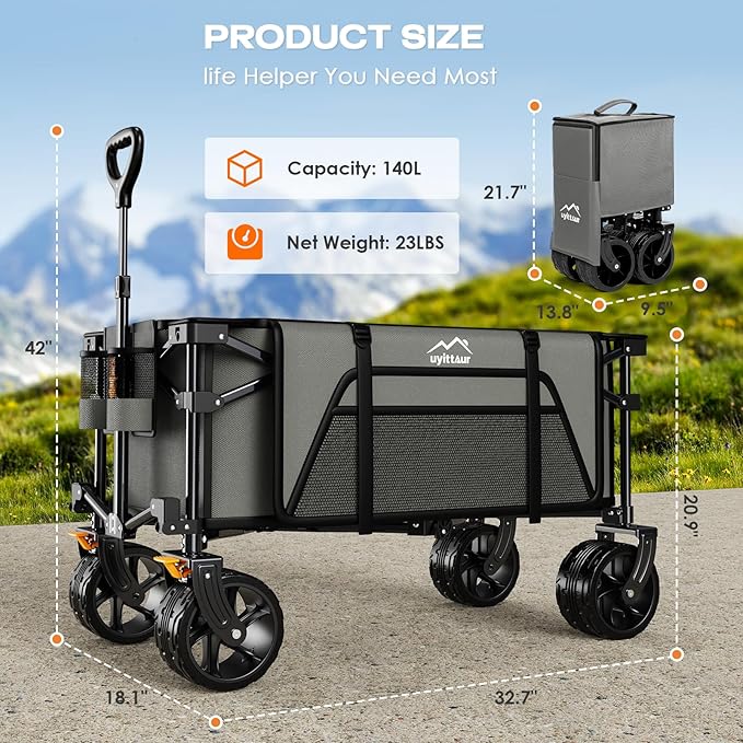 Collapsible Wagon Cart Heavy Duty Foldable, Folding Beach Wagon with Big Wheels for Sand, Utility Grocery Cart with Side Pocket and Brakes for Camping Sports Outdoor Activities, Grey