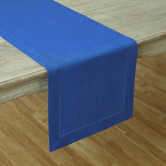 Solino Home Linen Royal Blue Table Runner 60 Inches - Classic Hemstitch, 100% Pure Linen Coffee Table Runner 14 x 60 Inch Ideal for Dresser Tables, Christmas, New Year