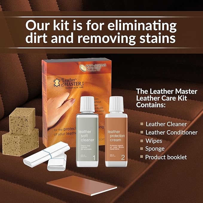 Leather Master Leather Care Kit | Leather Cleaner and Conditioner Kit | Cleans & Restores Car Seats, Furniture, Purses, Jackets | Includes Leather Cleaner, Leather Conditioner, Sponge & Wipes