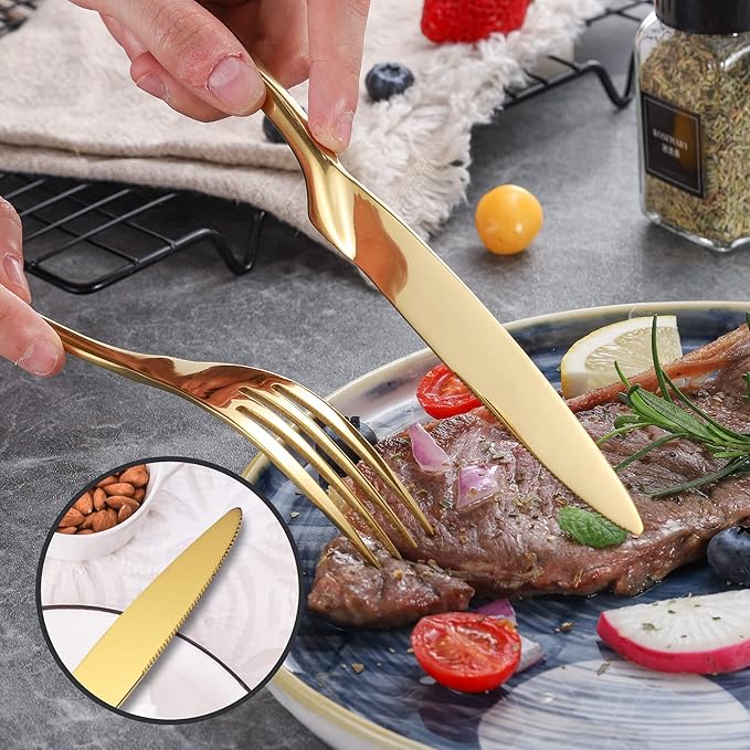 Lemeya 20-Piece Gold Silverware Set for 4,Heavy Duty 18/10 Stainless Steel Cutlery Set with Forged Stand Knife,Modern Flatware Utensils Set,Forks Spoons and Knives Set,Mirror Polished,Dishwasher Safe