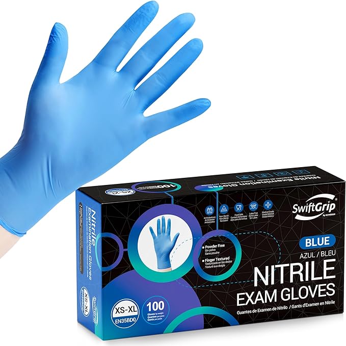 Disposable Nitrile Exam Gloves, Blue, Nitrile Gloves Disposable Latex Free, Medical Gloves, Cleaning Gloves, Food-Safe Rubber Gloves, Powder Free, Non-Sterile, 100-ct Box (Large)