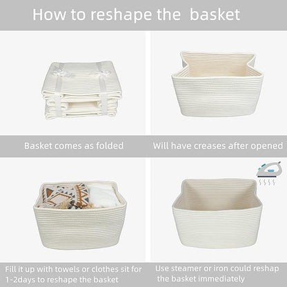 Cotton Rope storage Basket Bins Woven Basket for Organizing Shelves Rectangle Decorative Baskets For storage Clothes Toys Books Towels Square Wicker Nursery basket organizer 3 pack white